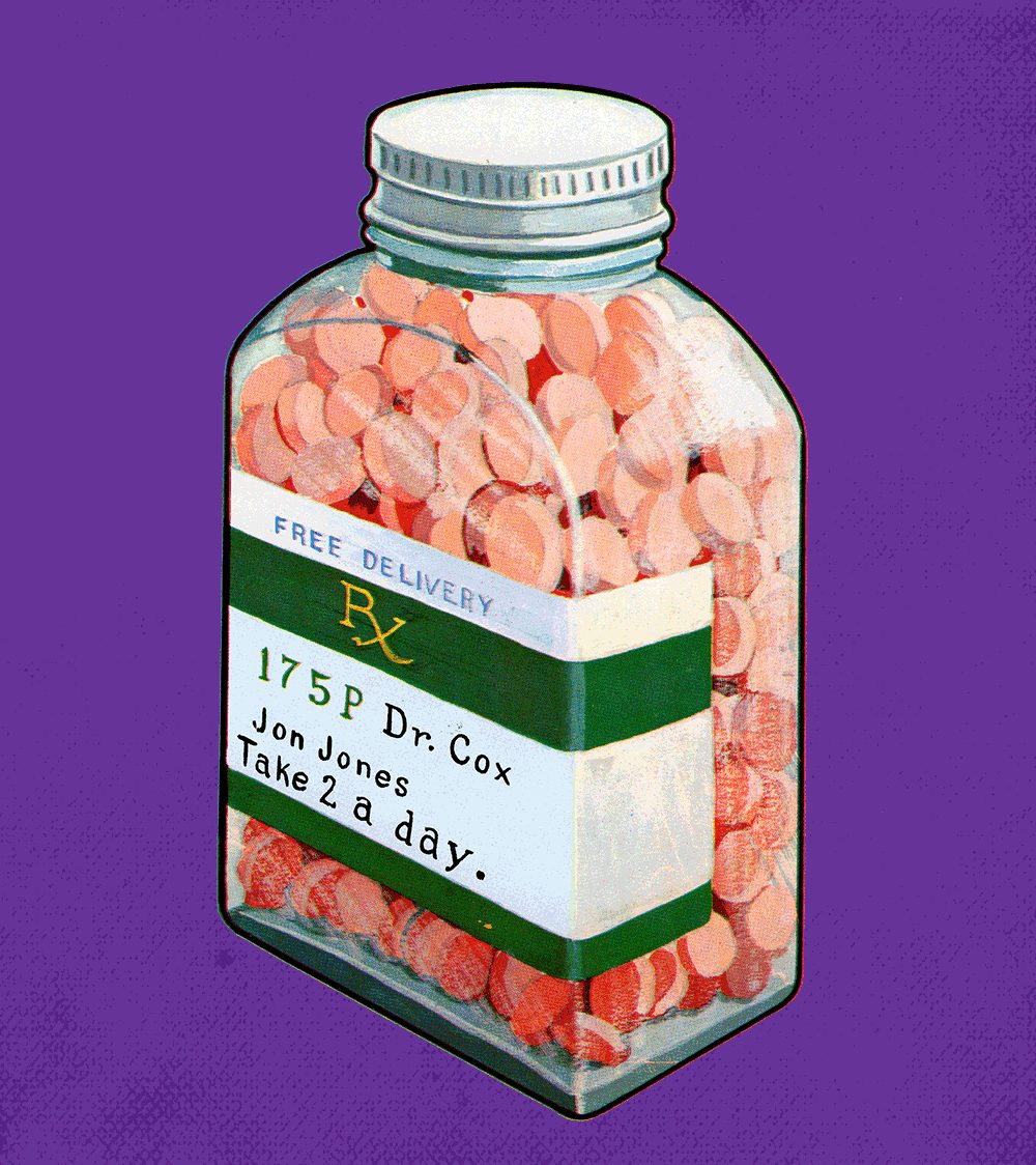 Illustration of a pill bottle for the Purdue Pharma investigation